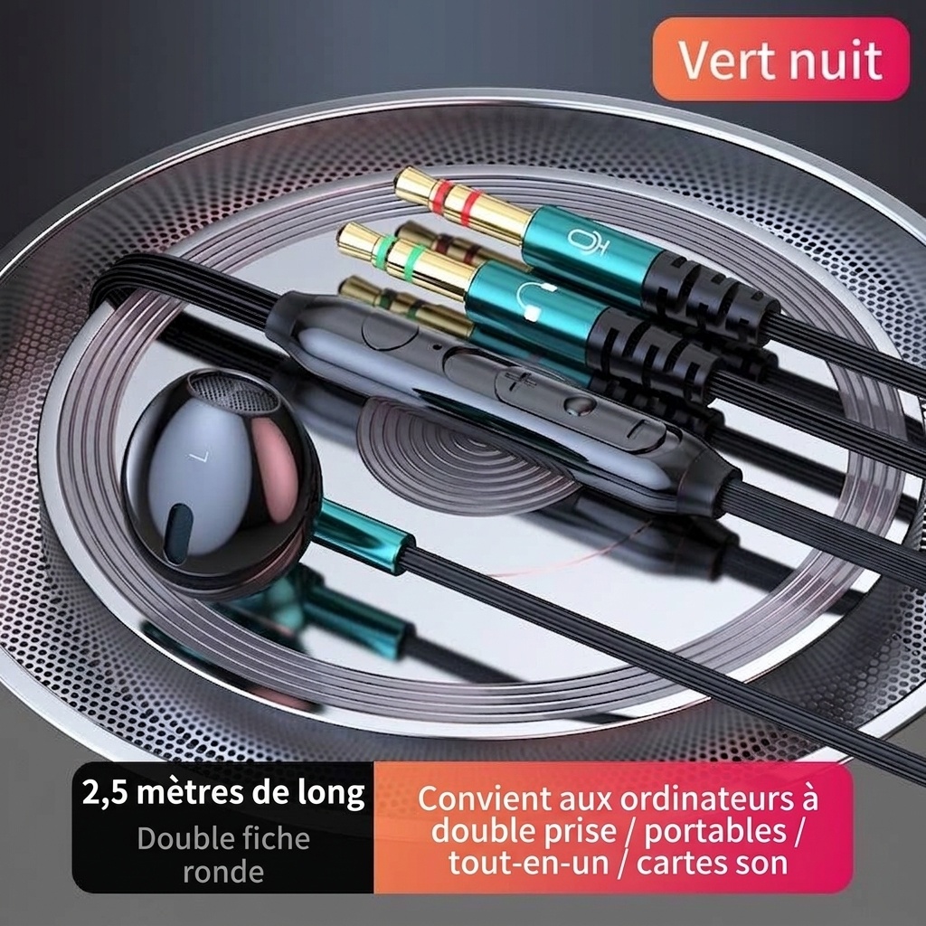 Écouteurs intra-auriculaires filaires pour le jeu avec micro, haut-parleurs dynamiques de 14,2 mm, basses profondes, réduction de bruit, câble audio double 3,5 mm de 1,5 m/2,5 m pour PC et ordinateur portable