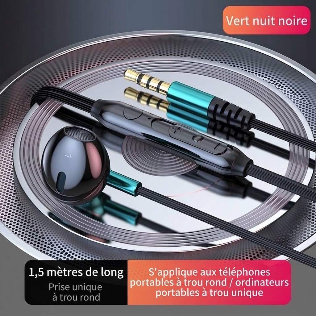 Écouteurs intra-auriculaires filaires pour le jeu avec micro, haut-parleurs dynamiques de 14,2 mm, basses profondes, réduction de bruit, câble audio double 3,5 mm de 1,5 m/2,5 m pour PC et ordinateur portable