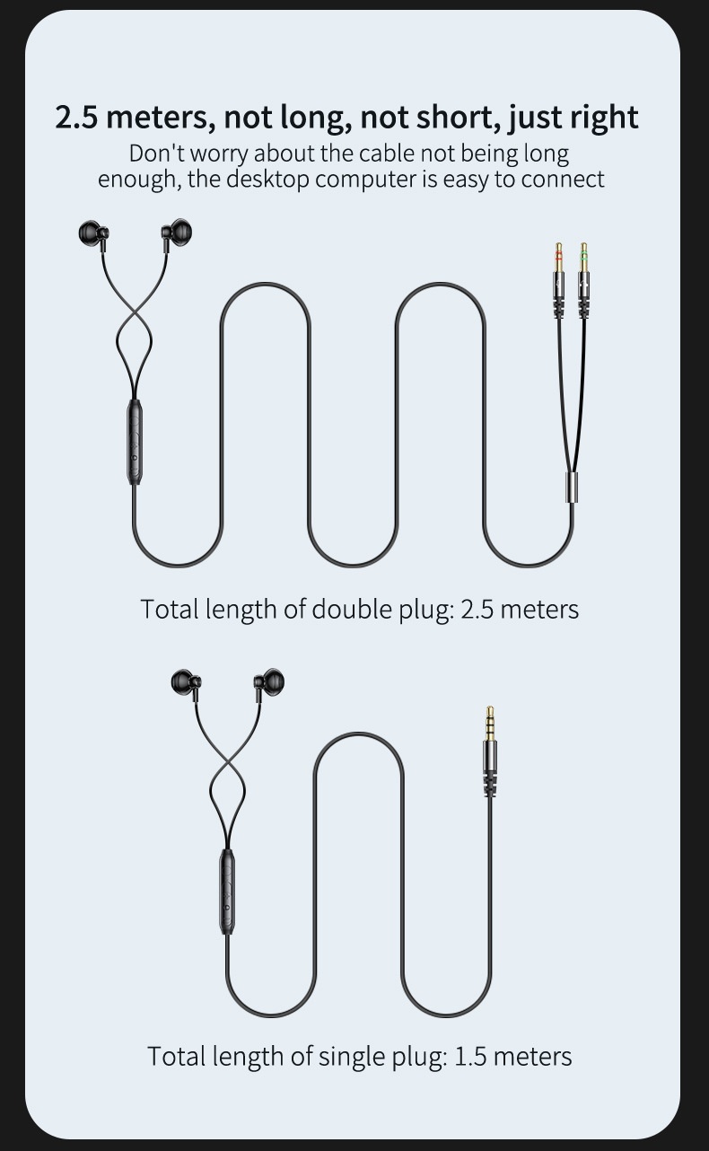 Écouteurs intra-auriculaires filaires pour le jeu avec micro, haut-parleurs dynamiques de 14,2 mm, basses profondes, réduction de bruit, câble audio double 3,5 mm de 1,5 m/2,5 m pour PC et ordinateur portable