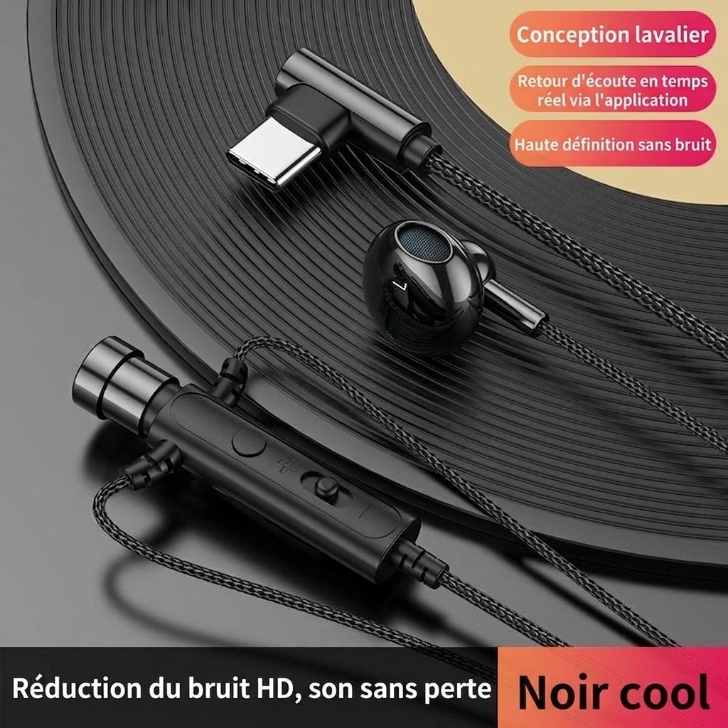 Écouteurs intra-auriculaires filaires avec microphone cravate, haut-parleurs de 14,2 mm, réduction du bruit, connectique 3,5 mm et USB-C pour karaoké, streaming et jeux vidéo.