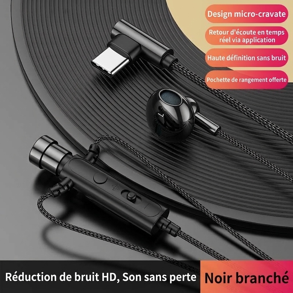 Écouteurs intra-auriculaires filaires avec microphone cravate, haut-parleurs de 14,2 mm, réduction du bruit, connectique 3,5 mm et USB-C pour karaoké, streaming et jeux vidéo.