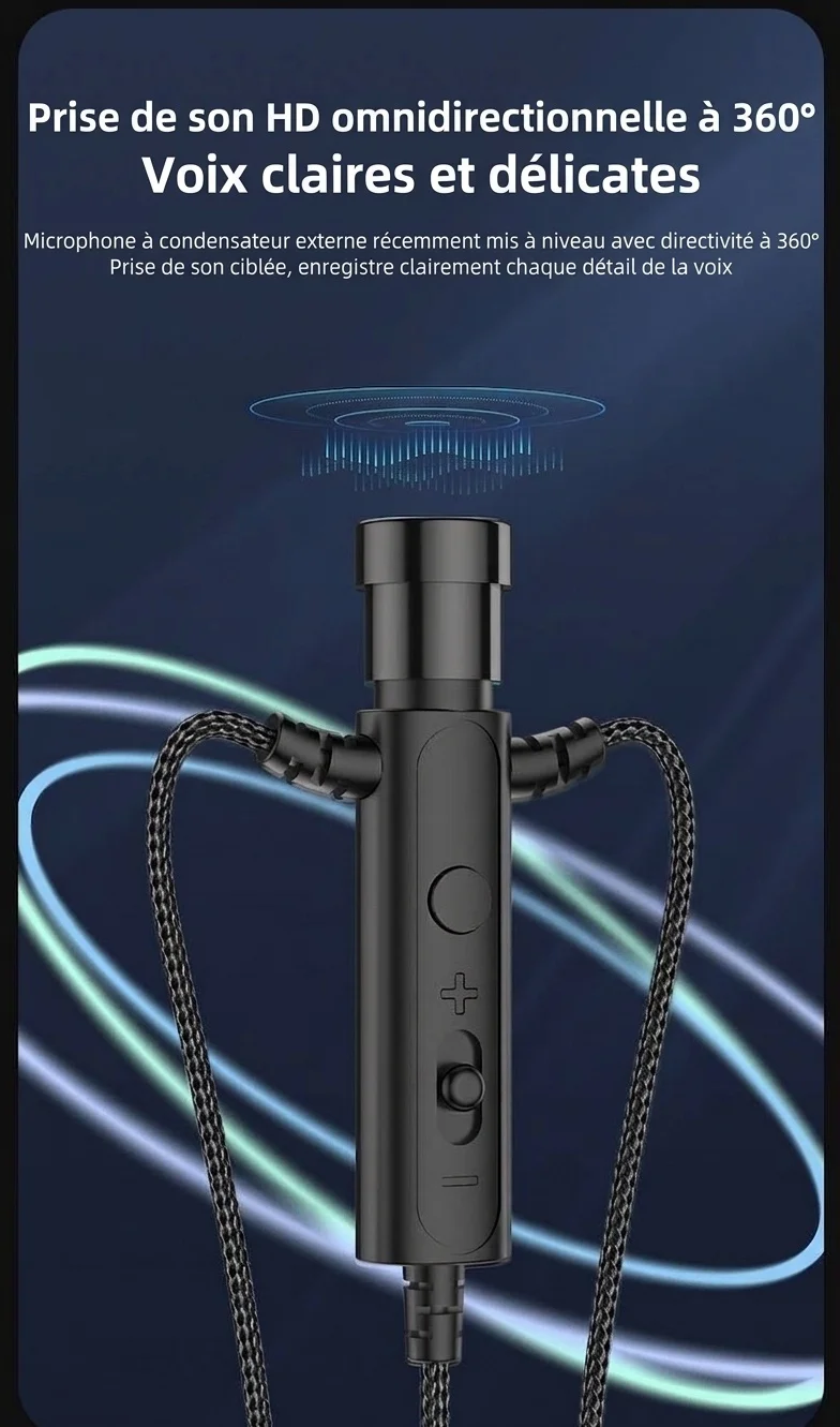 Écouteurs intra-auriculaires filaires avec microphone cravate, haut-parleurs de 14,2 mm, réduction du bruit, connectique 3,5 mm et USB-C pour karaoké, streaming et jeux vidéo.