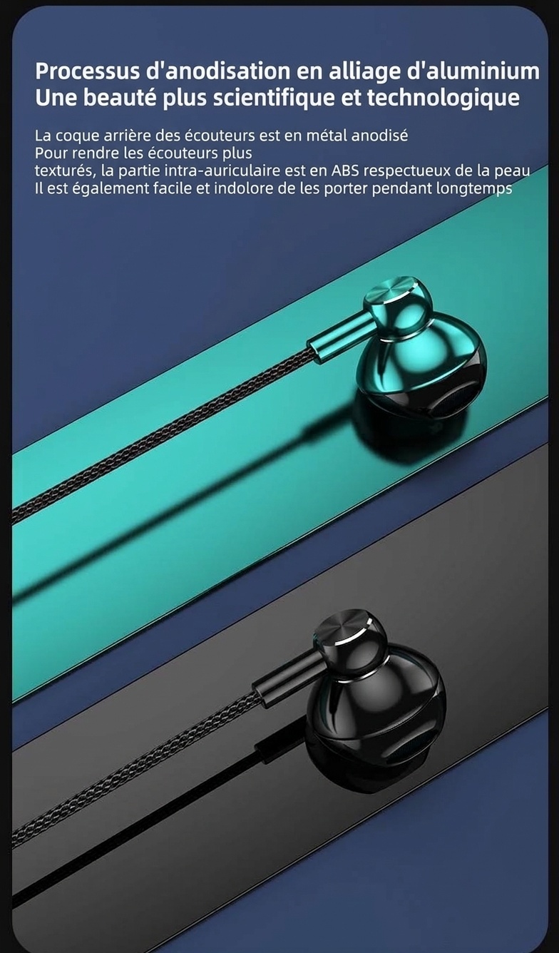 Écouteurs intra-auriculaires filaires avec microphone cravate, haut-parleurs de 14,2 mm, réduction du bruit, connectique 3,5 mm et USB-C pour karaoké, streaming et jeux vidéo.