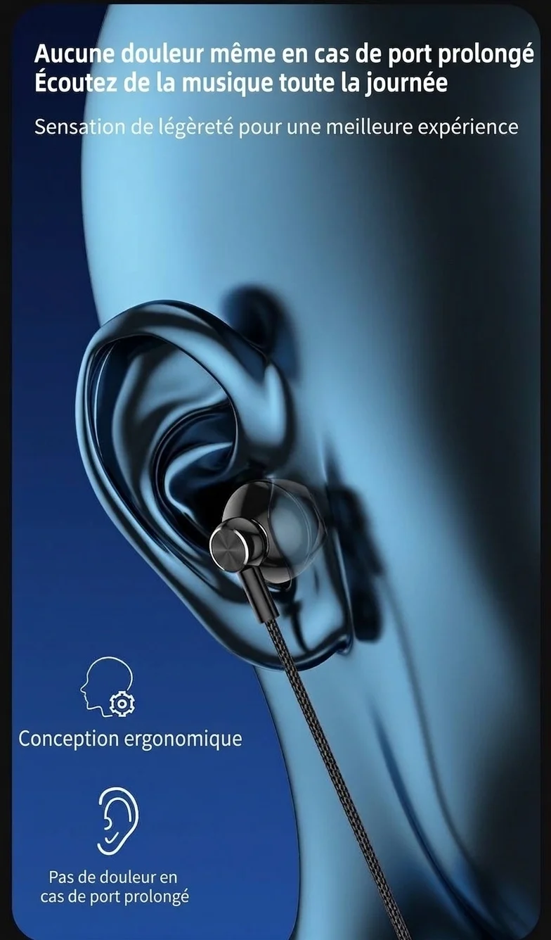 Écouteurs intra-auriculaires filaires avec microphone cravate, haut-parleurs de 14,2 mm, réduction du bruit, connectique 3,5 mm et USB-C pour karaoké, streaming et jeux vidéo.
