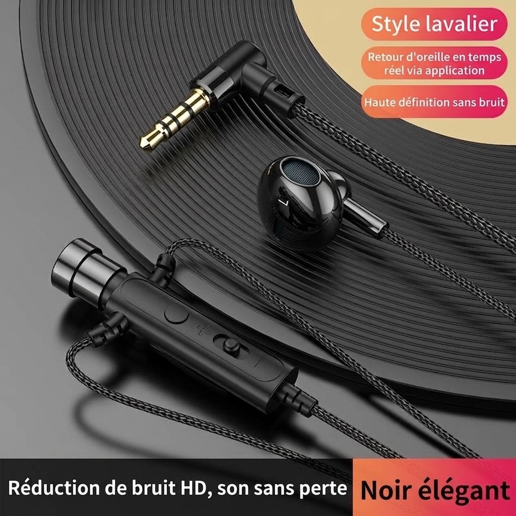 Écouteurs intra-auriculaires filaires avec microphone cravate, haut-parleurs de 14,2 mm, réduction du bruit, connectique 3,5 mm et USB-C pour karaoké, streaming et jeux vidéo.