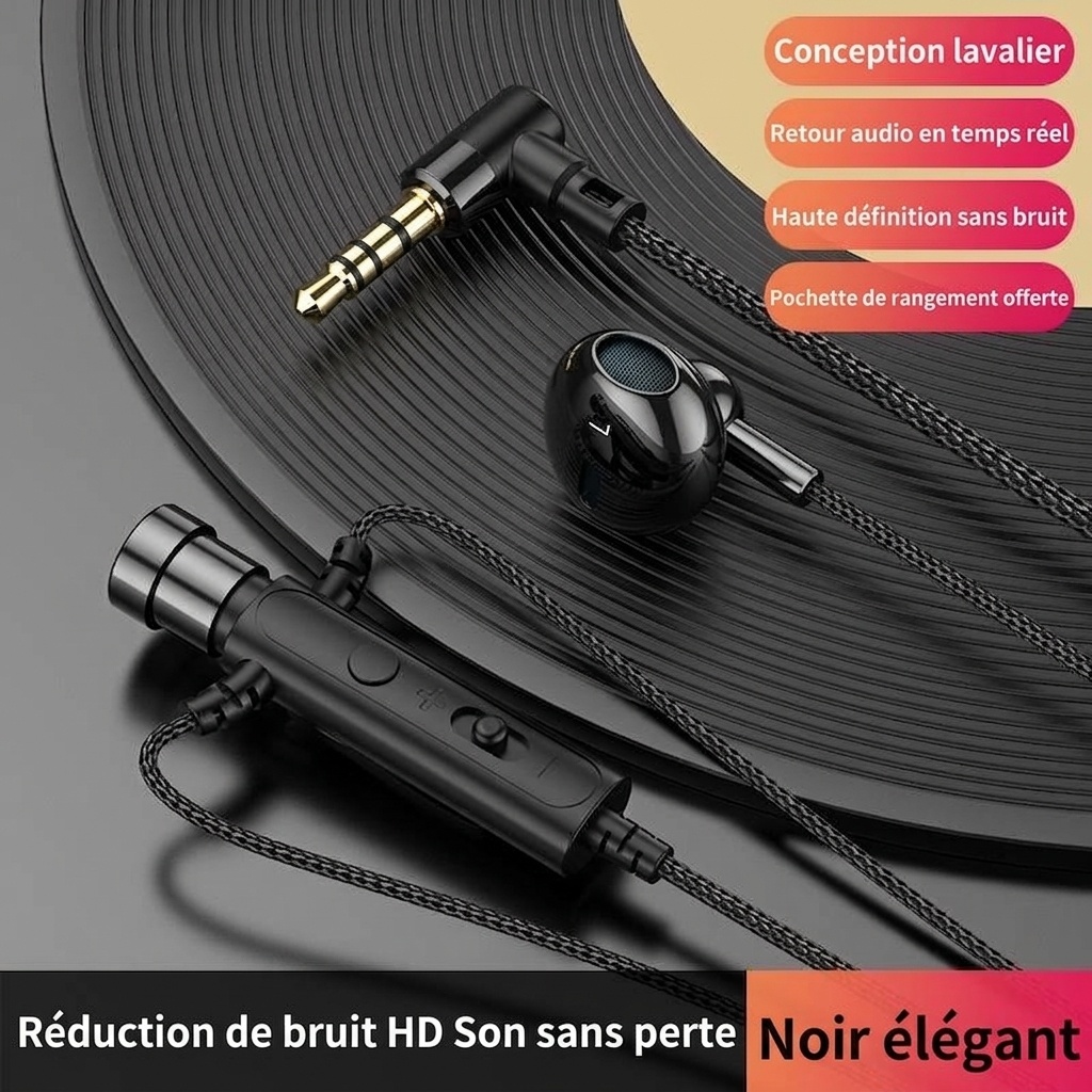 Écouteurs intra-auriculaires filaires avec microphone cravate, haut-parleurs de 14,2 mm, réduction du bruit, connectique 3,5 mm et USB-C pour karaoké, streaming et jeux vidéo.