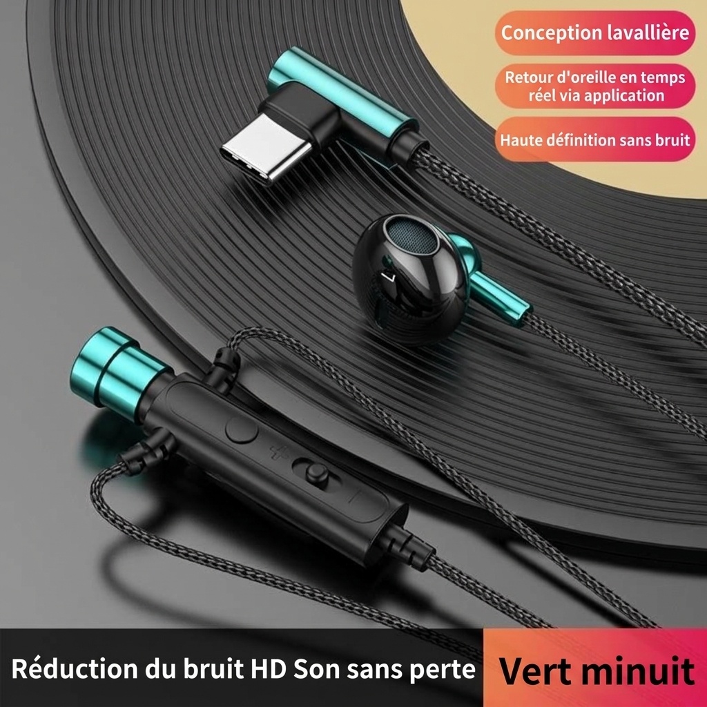 Écouteurs intra-auriculaires filaires avec microphone cravate, haut-parleurs de 14,2 mm, réduction du bruit, connectique 3,5 mm et USB-C pour karaoké, streaming et jeux vidéo.