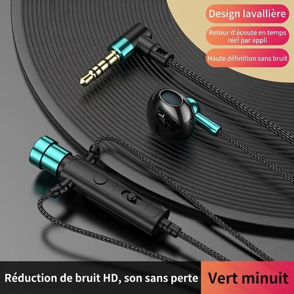 Écouteurs intra-auriculaires filaires avec microphone cravate, haut-parleurs de 14,2 mm, réduction du bruit, connectique 3,5 mm et USB-C pour karaoké, streaming et jeux vidéo.