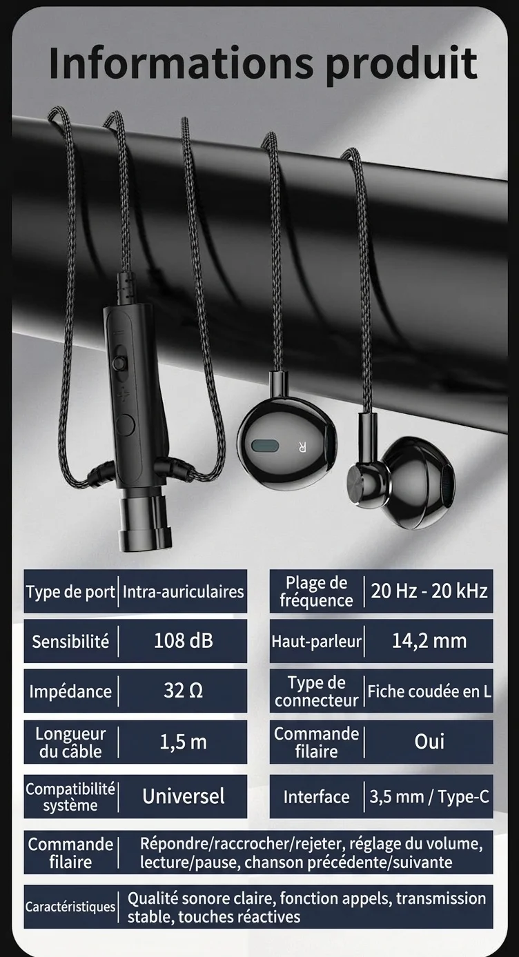 Écouteurs intra-auriculaires filaires avec microphone cravate, haut-parleurs de 14,2 mm, réduction du bruit, connectique 3,5 mm et USB-C pour karaoké, streaming et jeux vidéo.