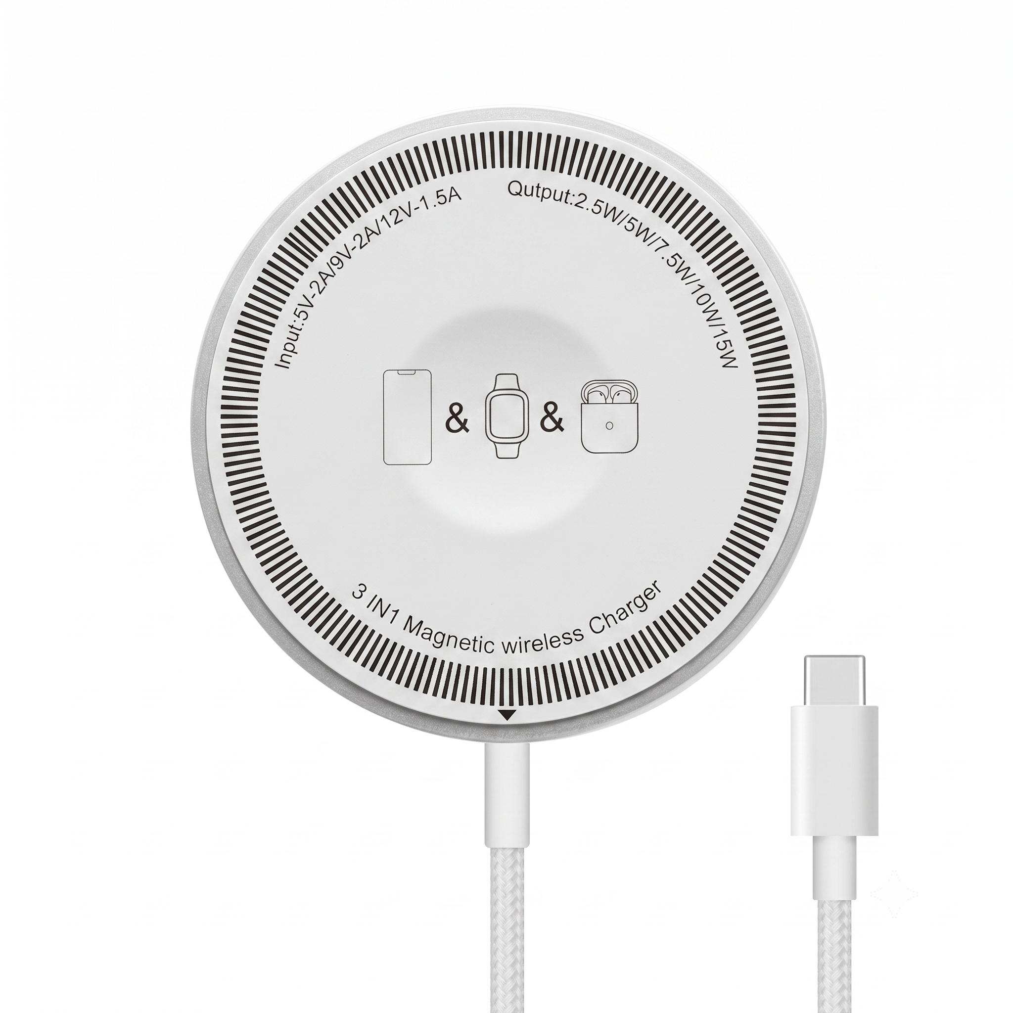 3-in-1 Magnetic Wireless Charger for iPhone, Watch & AirPods, 15W Fast Charging Station, Aluminum Alloy, White