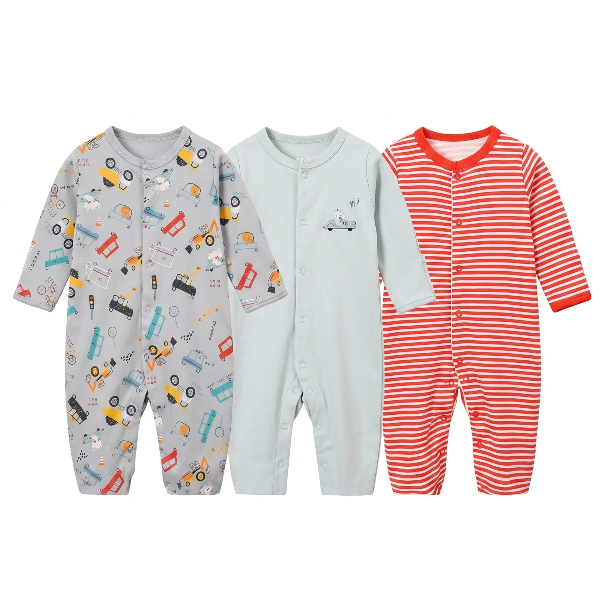 3-Pack Baby Long Sleeve Snap Rompers 2 - Soft Cotton Sleepsuits