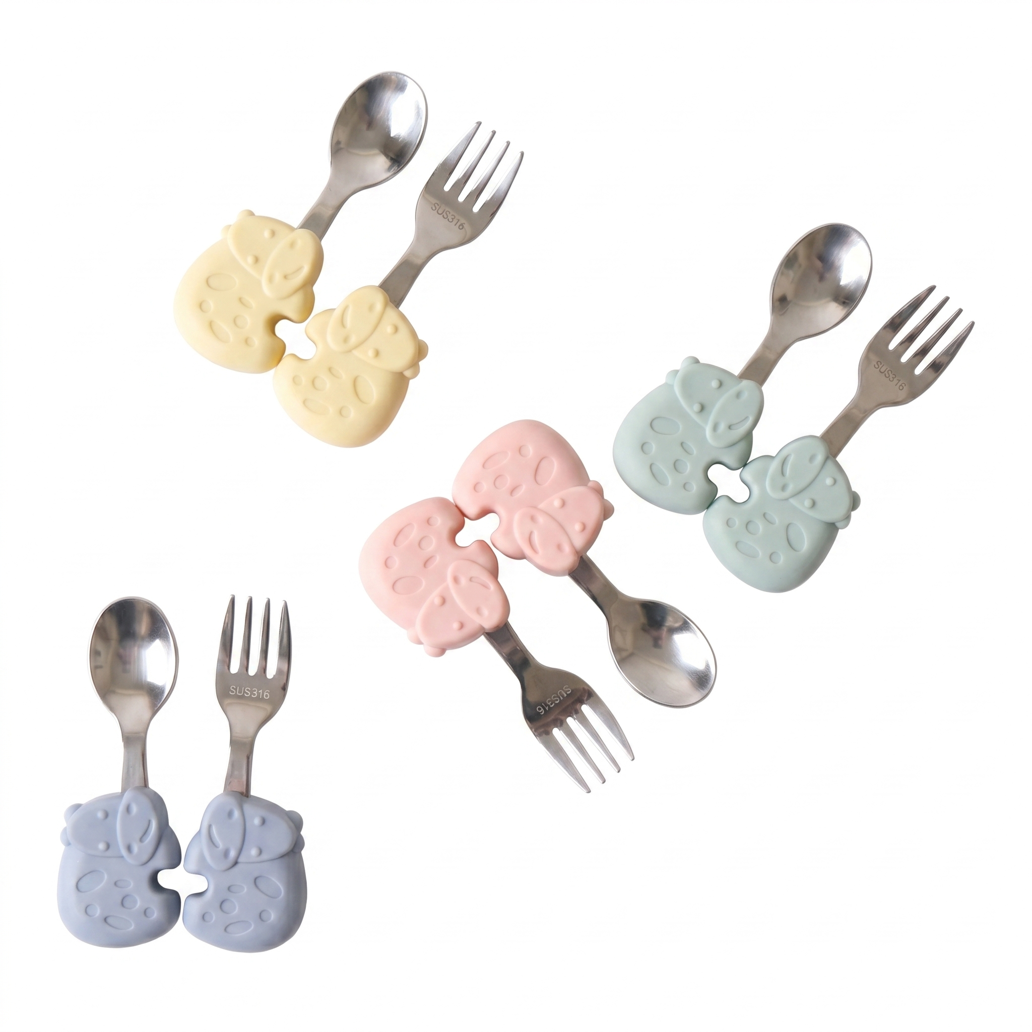 Baby Self-Feeding Spoon & Fork Set - Silicone & Steel