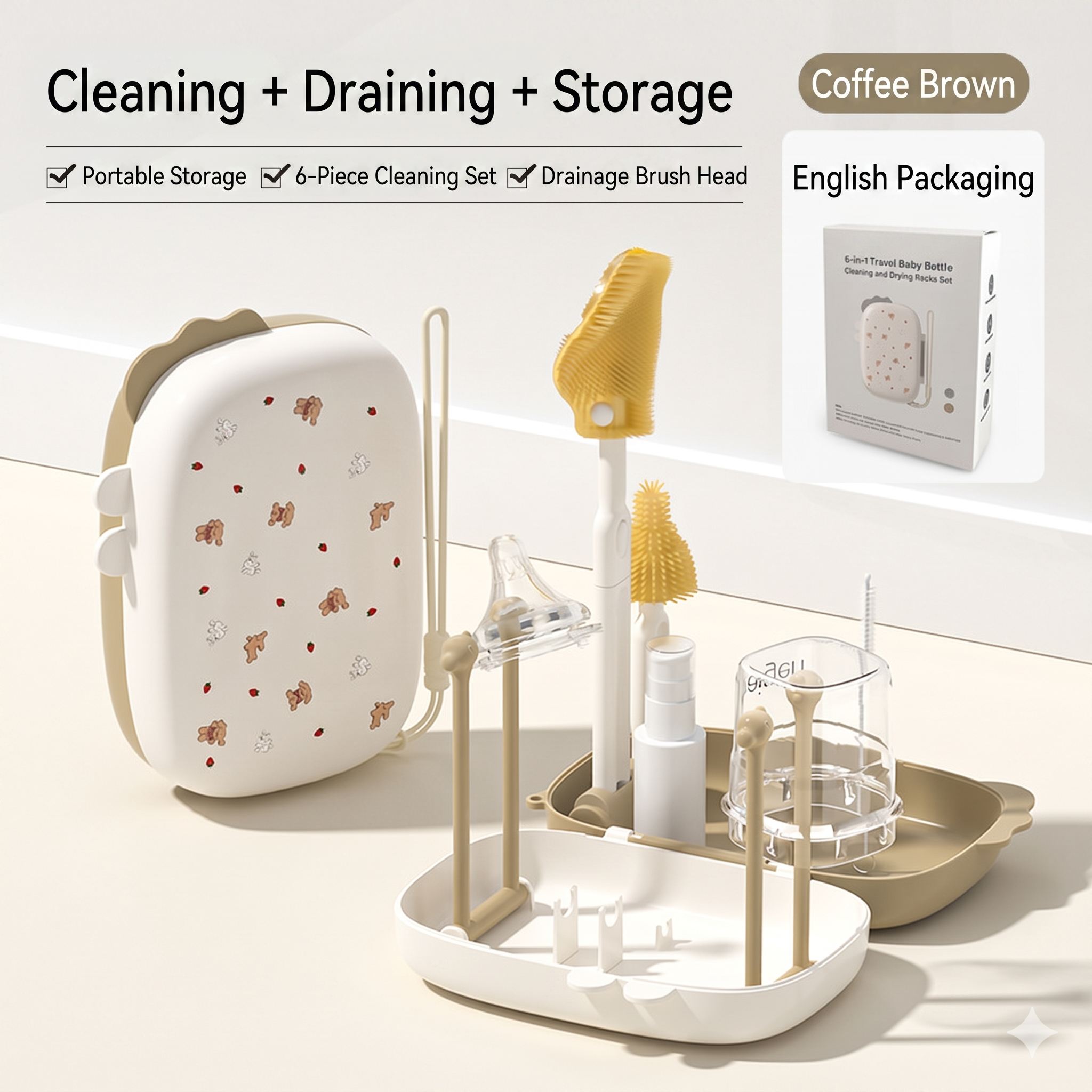 6-in-1 Portable Baby Bottle Cleaning & Drying Rack Set
