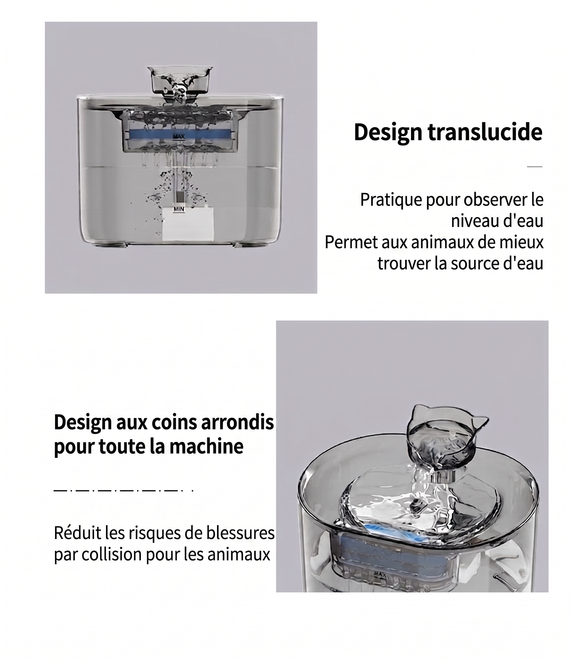Fontaine à eau automatique pour chats et petits chiens - 2,2 L - Modèle n° FT666 Gris transparent - Sortie d'eau normale