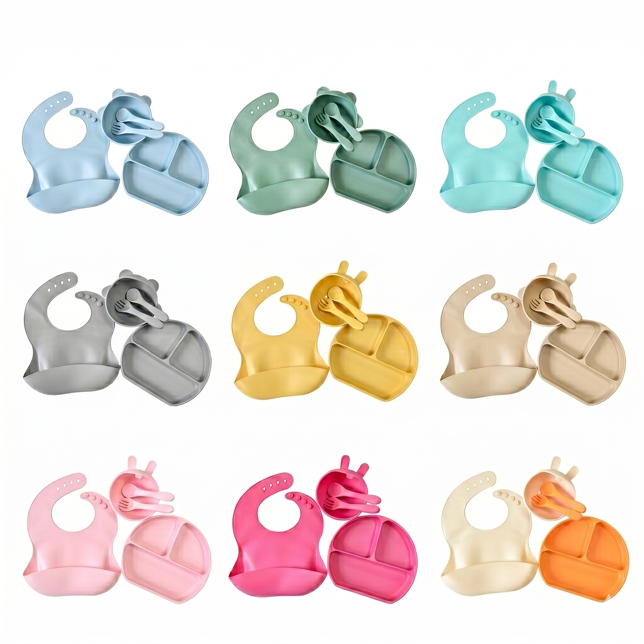 Ensemble d'alimentation en silicone pour bébé avec plaque à ventouse et bavoir - 5 pièces