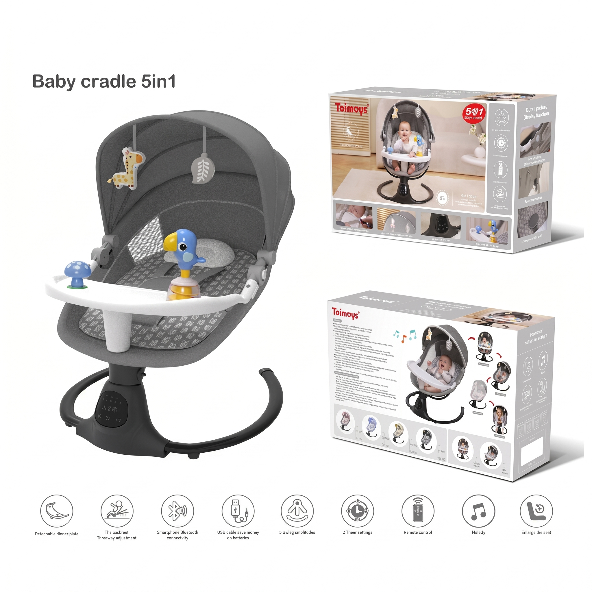 5-in-1 Smart Baby Cradle with Bluetooth & Remote