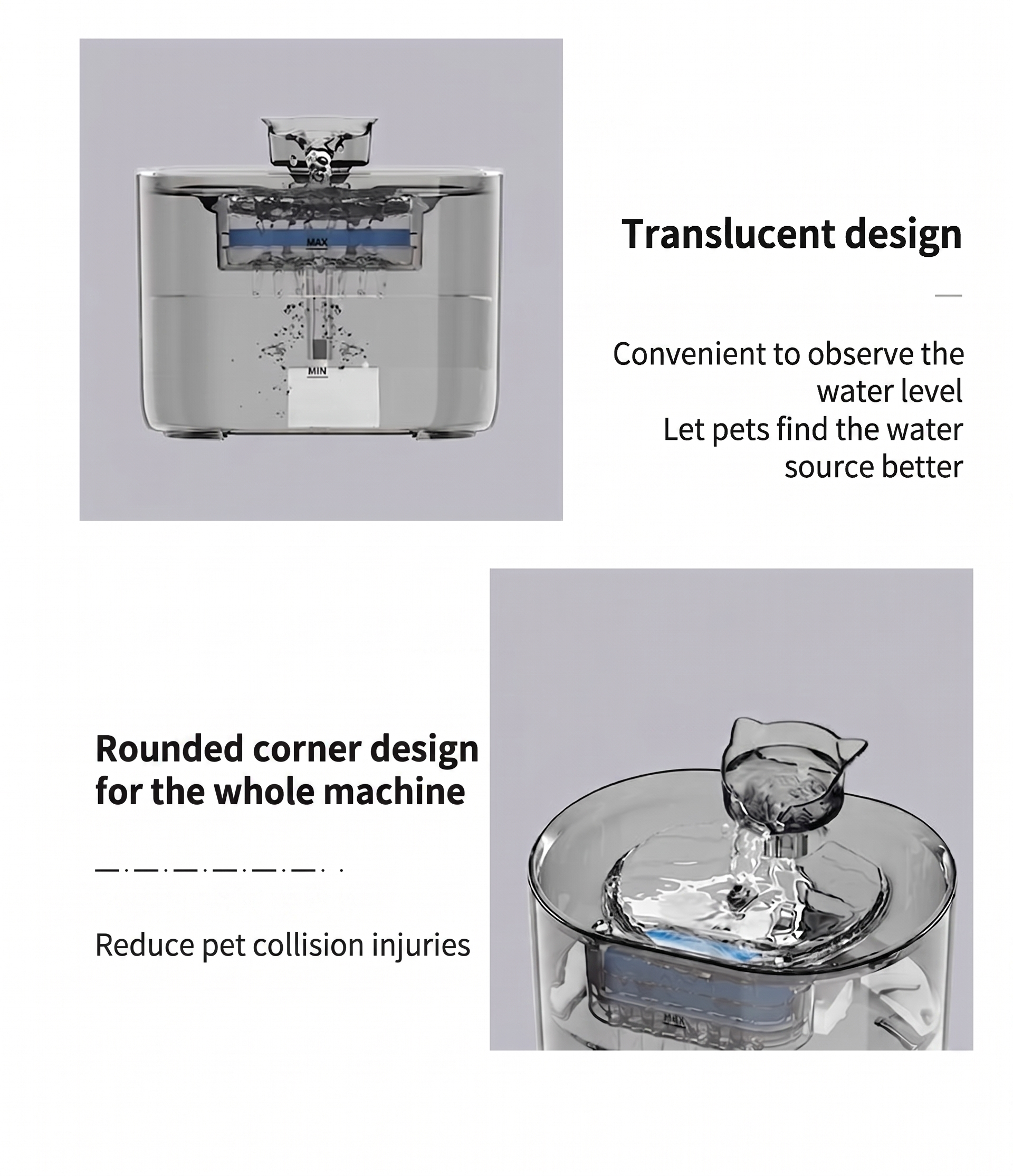 Automatic Pet Water Fountain for Cats & Small Dogs - 2.2L - Model#FT666 Transparent Grey - Normal Water Outlet