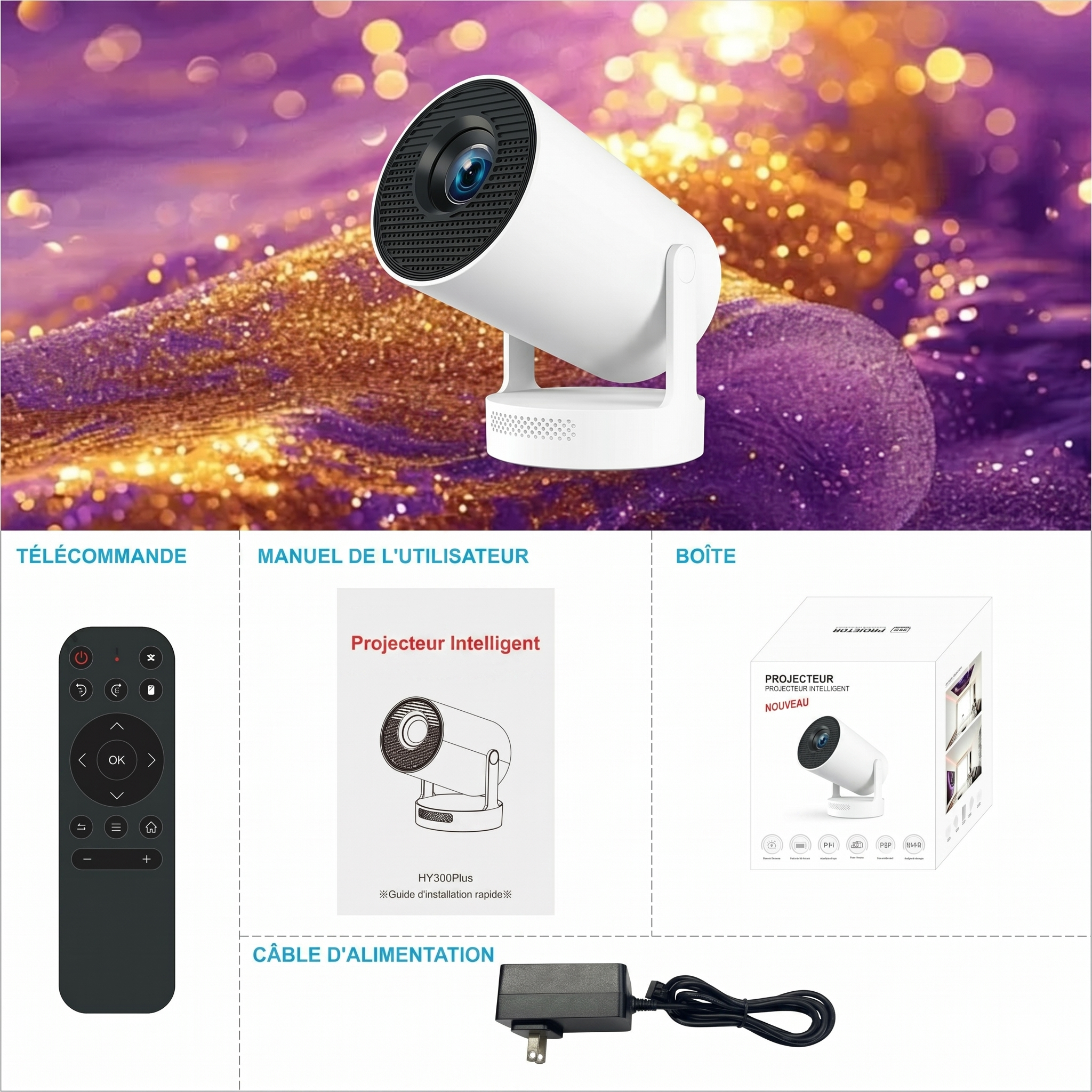 Projecteur portable intelligent 4K haut de gamme 720p Wi-Fi 6 pour home cinéma avec correction automatique de l'échelle - Modèle n° HY300Plus