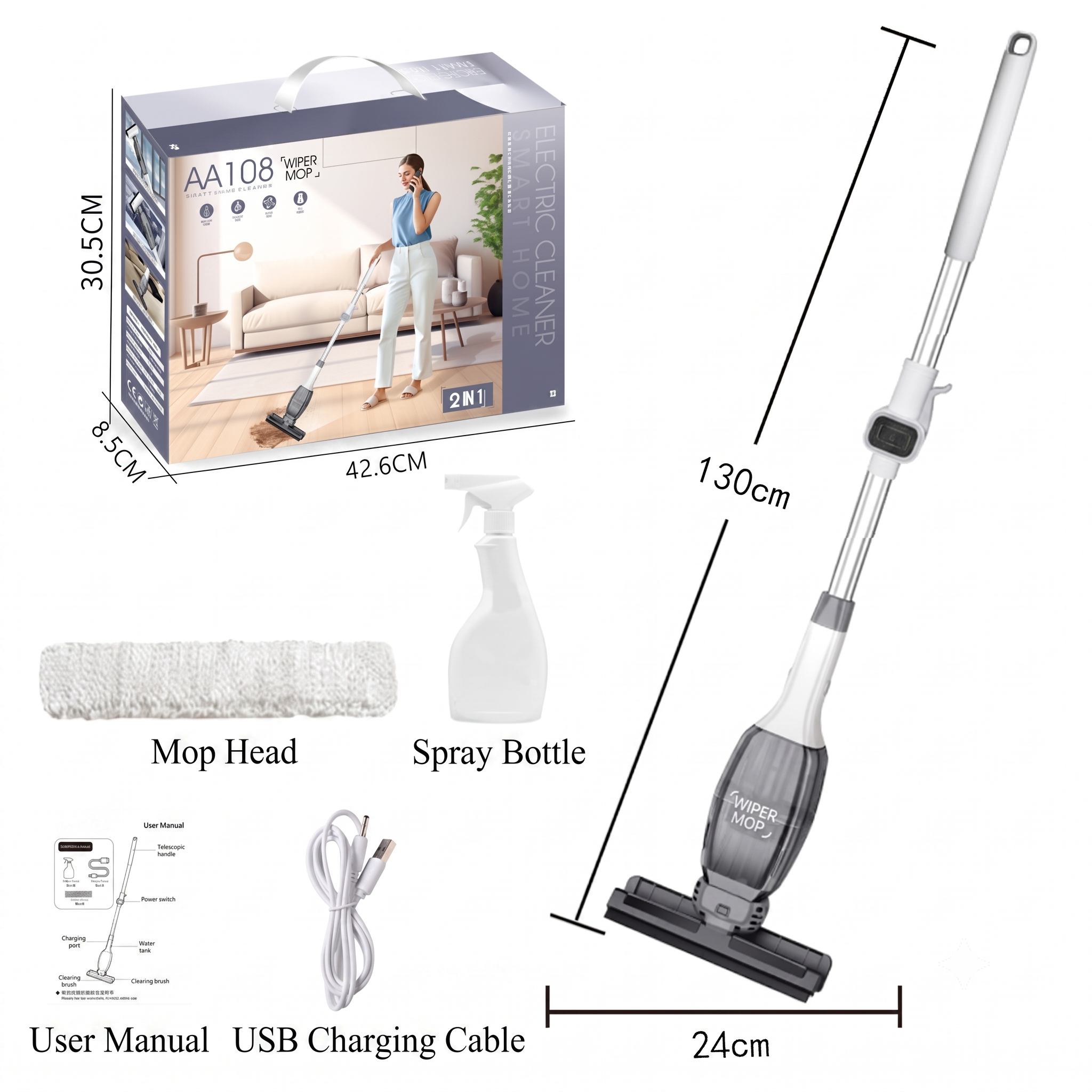 AA108 Wireless 2-in-1 Electric Mop & Window Cleaner, Ultra-Light Cordless Floor Scrubber, Strong Suction, Visual Water Tank, Extendable Handle, Long Battery Life