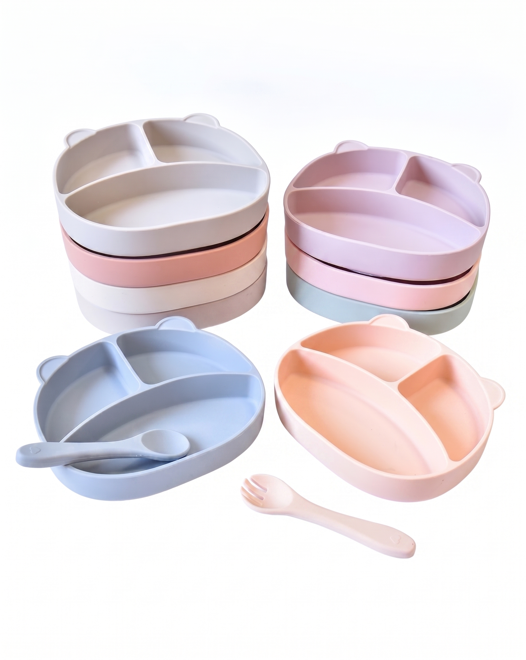 Plato de silicona con separadores para bebés - Base de succión y diseño de oso