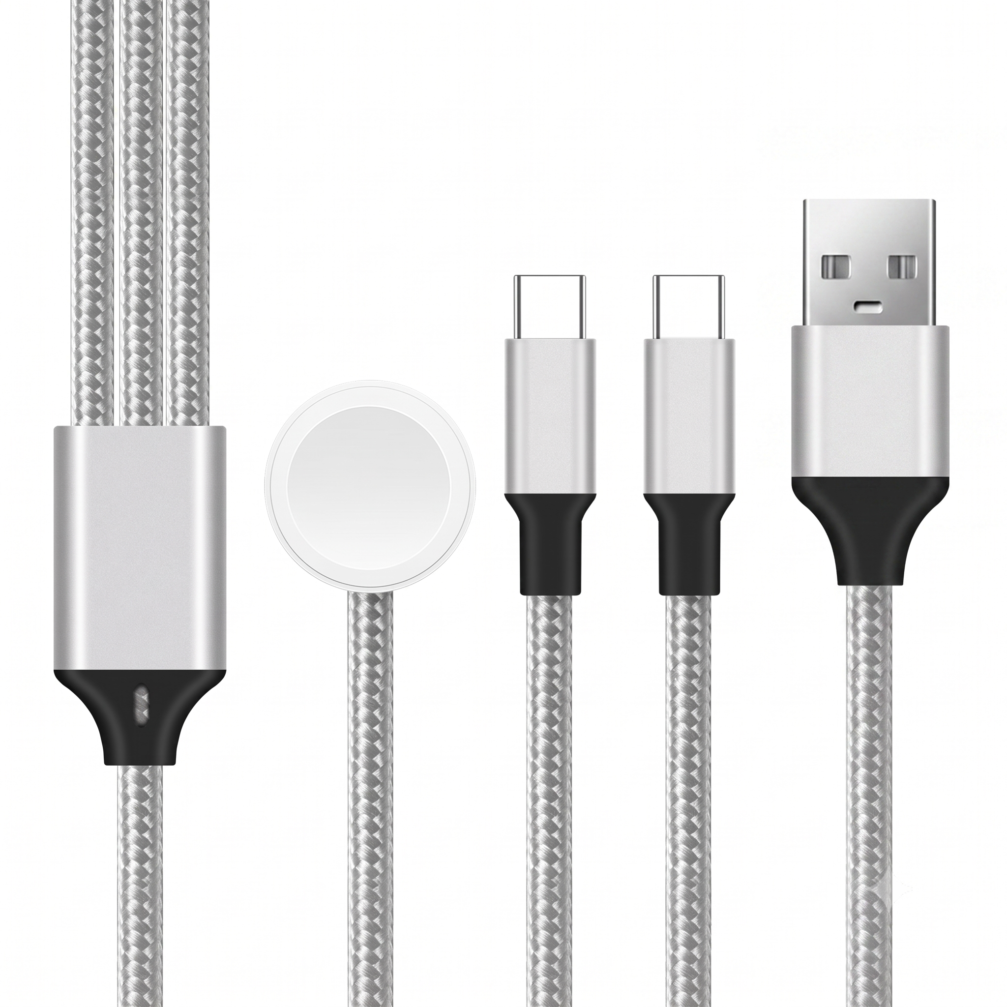 3-in-1 Multi-Charger Cable for Smartwatch, iPhone & Android, Fast Charging Braided Cord, White