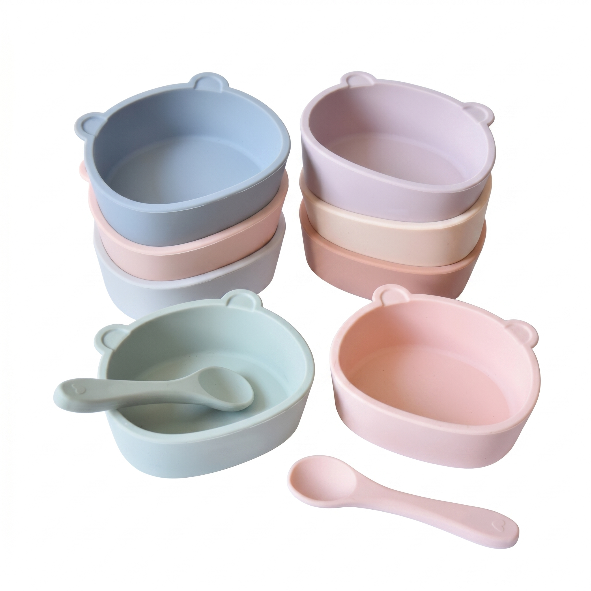 Set di ciotola e cucchiaio in silicone a forma di orsetto per la pappa del bambino.
