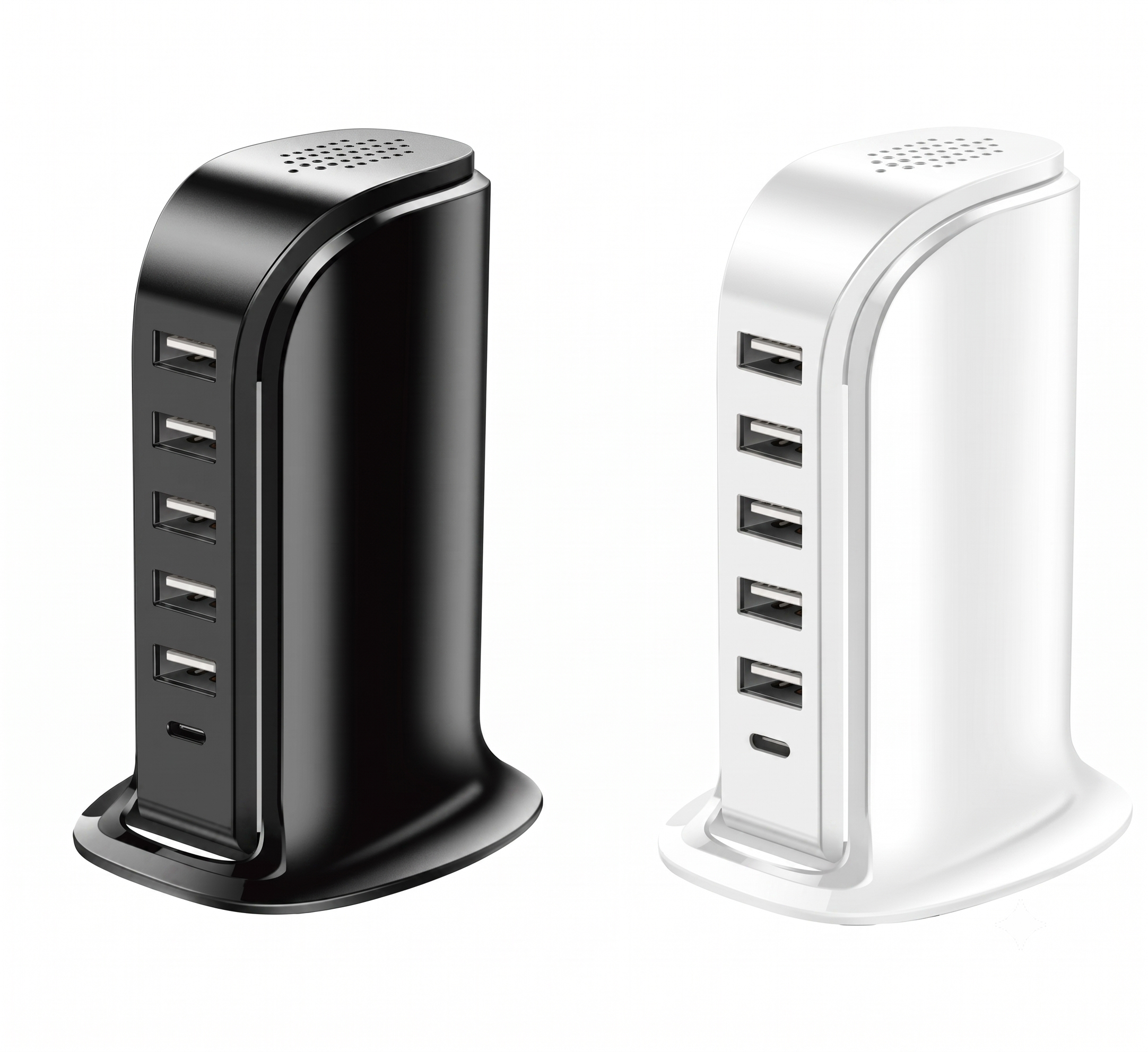 6-Port USB-C & USB-A Fast Charger Hub, 20W Desktop Charging Station for Multiple Devices, White/Black