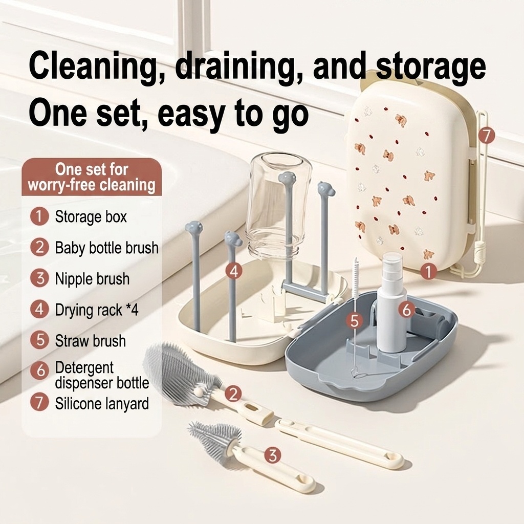 6-in-1 Portable Baby Bottle Cleaning & Drying Rack Set