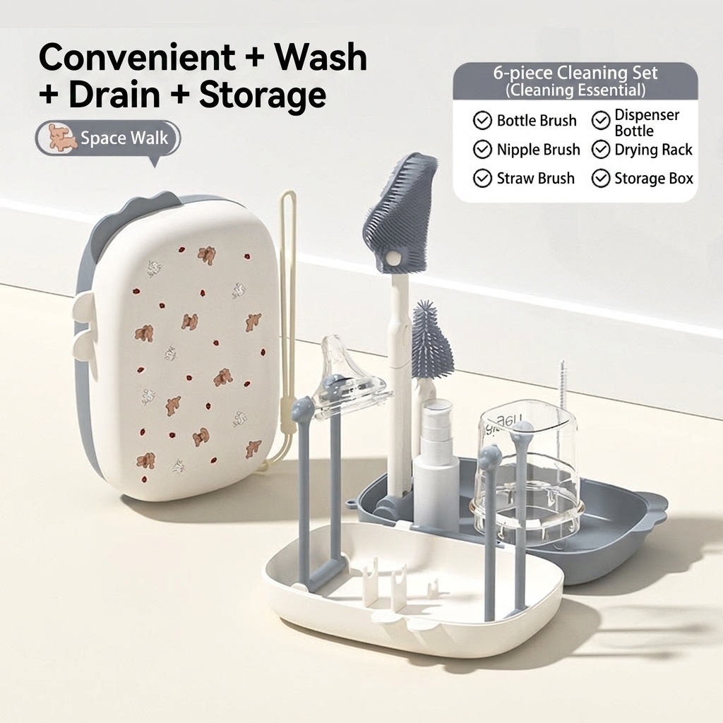 6-in-1 Portable Baby Bottle Cleaning & Drying Rack Set