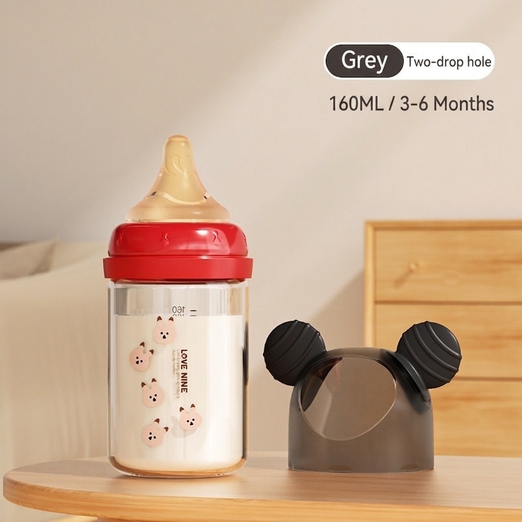Love Nine Baby Glass Feeding Bottle with Mickey Ears Cap