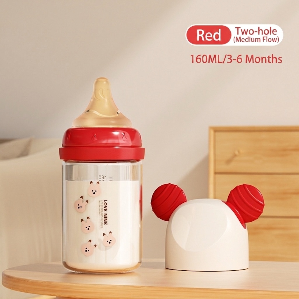 Love Nine Baby Glass Feeding Bottle with Mickey Ears Cap