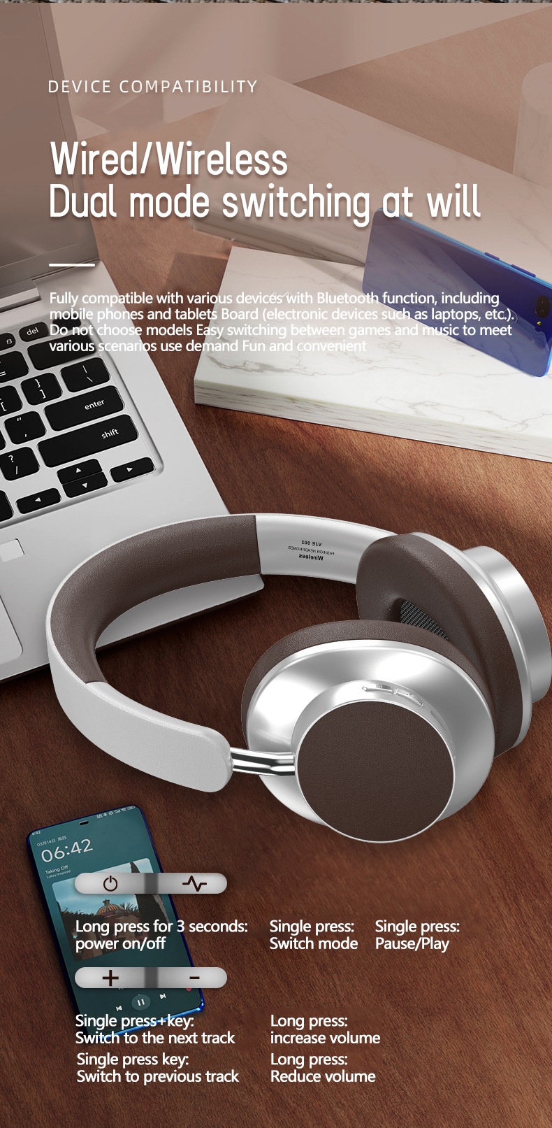 Pang Pai VJE902 Retro Wireless Over-Ear Headphones, Bluetooth 5.4, 12H Playtime