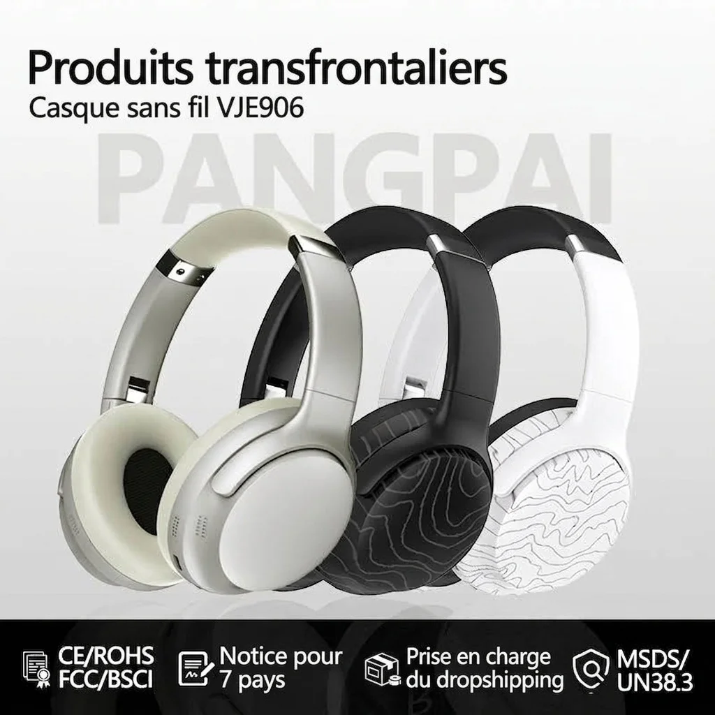 Casque sans fil supra-auriculaire VJE906 avec basses profondes, Bluetooth 5.3, haut-parleurs de 40 mm, autonomie en veille de 100 h