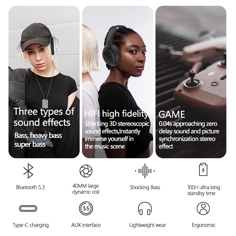 VJE906 Deep Bass Wireless Over-Ear Headphones, Bluetooth 5.3, 40mm Drivers, 100H Standby