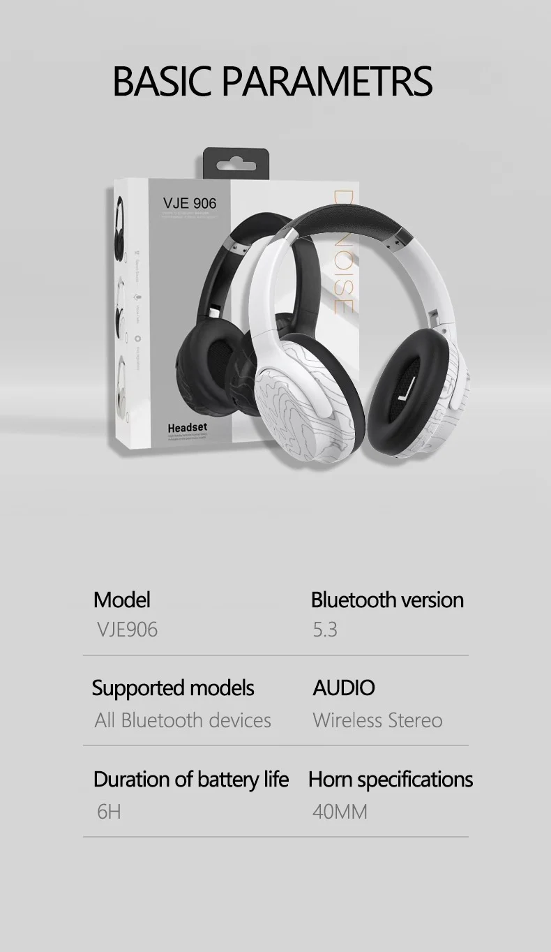 Casque sans fil supra-auriculaire VJE906 avec basses profondes, Bluetooth 5.3, haut-parleurs de 40 mm, autonomie en veille de 100 h