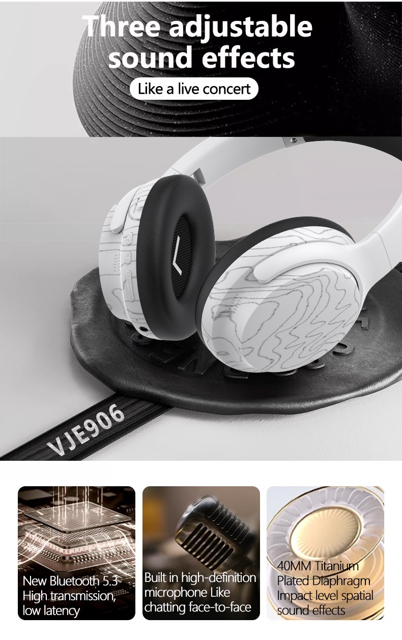 VJE906 Deep Bass Wireless Over-Ear Headphones, Bluetooth 5.3, 40mm Drivers, 100H Standby
