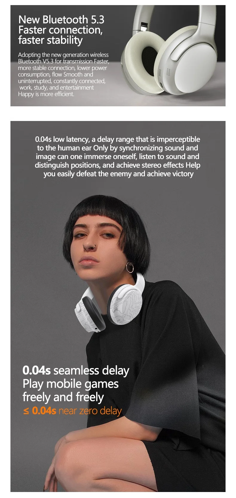Casque sans fil supra-auriculaire VJE906 avec basses profondes, Bluetooth 5.3, haut-parleurs de 40 mm, autonomie en veille de 100 h