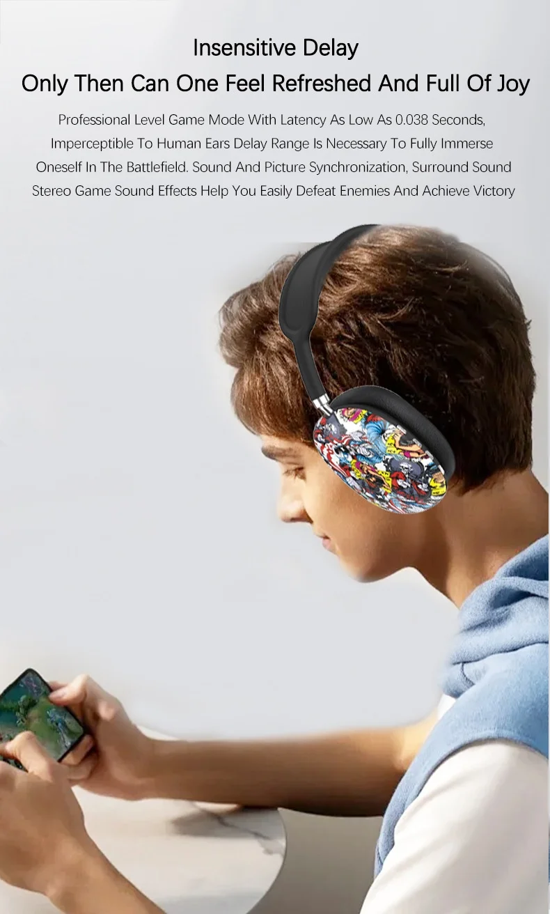 Casque sans fil supra-auriculaire P9 Graffiti, Bluetooth 5.4, haut-parleurs de 40 mm, 8 h d'autonomie