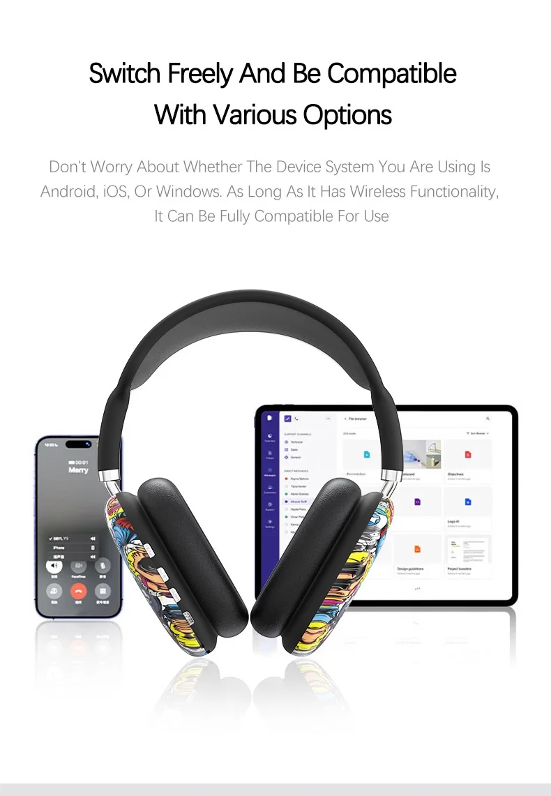 Casque sans fil supra-auriculaire P9 Graffiti, Bluetooth 5.4, haut-parleurs de 40 mm, 8 h d'autonomie