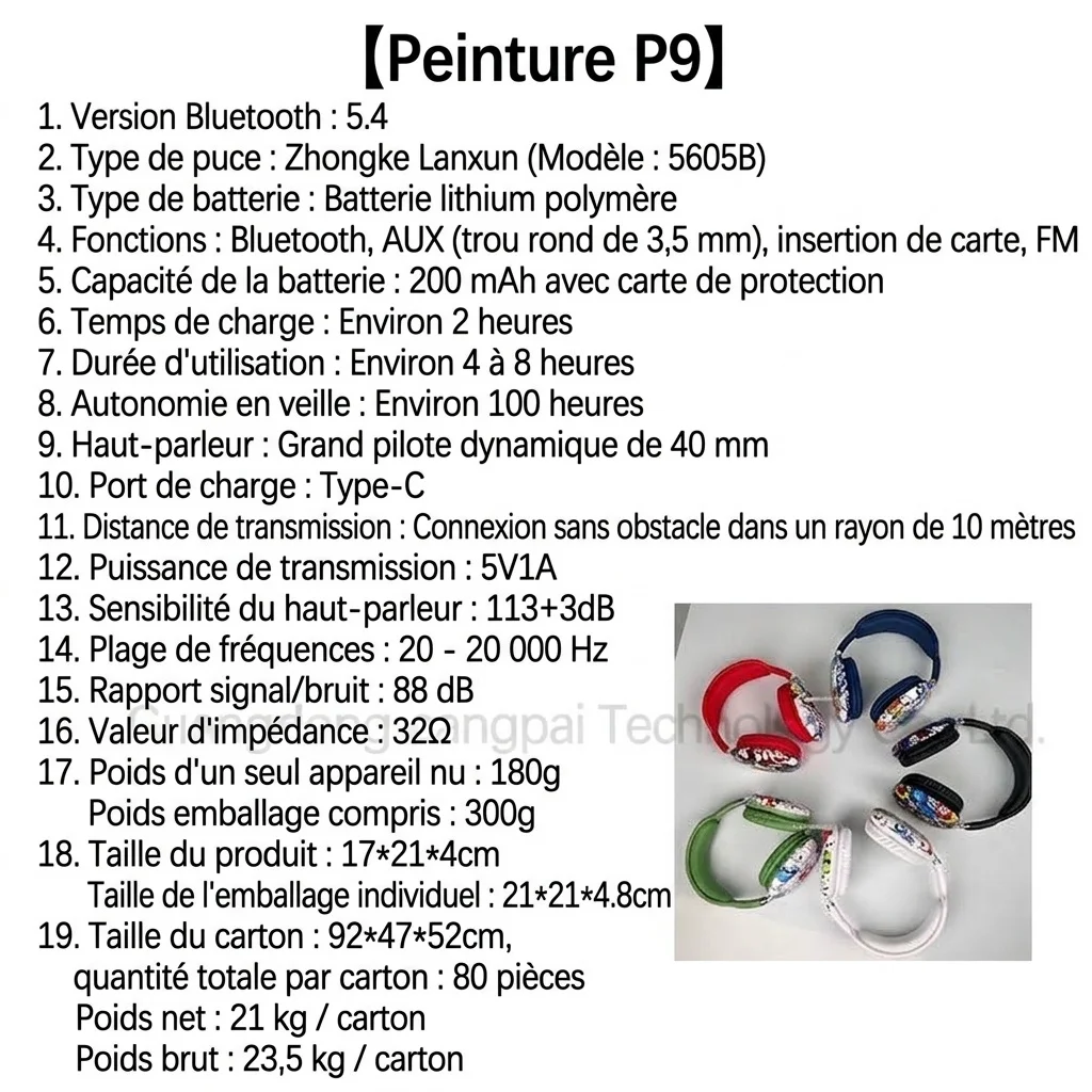 Casque sans fil supra-auriculaire P9 Graffiti, Bluetooth 5.4, haut-parleurs de 40 mm, 8 h d'autonomie