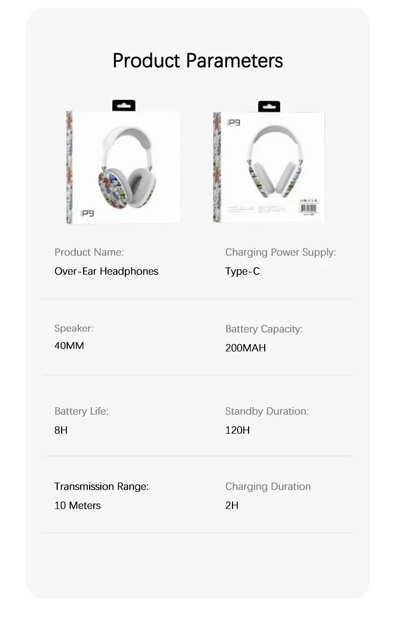 Casque sans fil supra-auriculaire P9 Graffiti, Bluetooth 5.4, haut-parleurs de 40 mm, 8 h d'autonomie