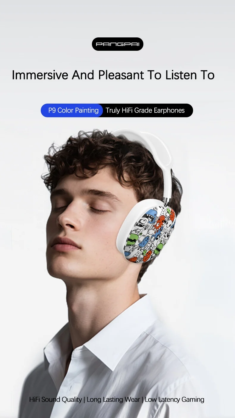 Casque sans fil supra-auriculaire P9 Graffiti, Bluetooth 5.4, haut-parleurs de 40 mm, 8 h d'autonomie