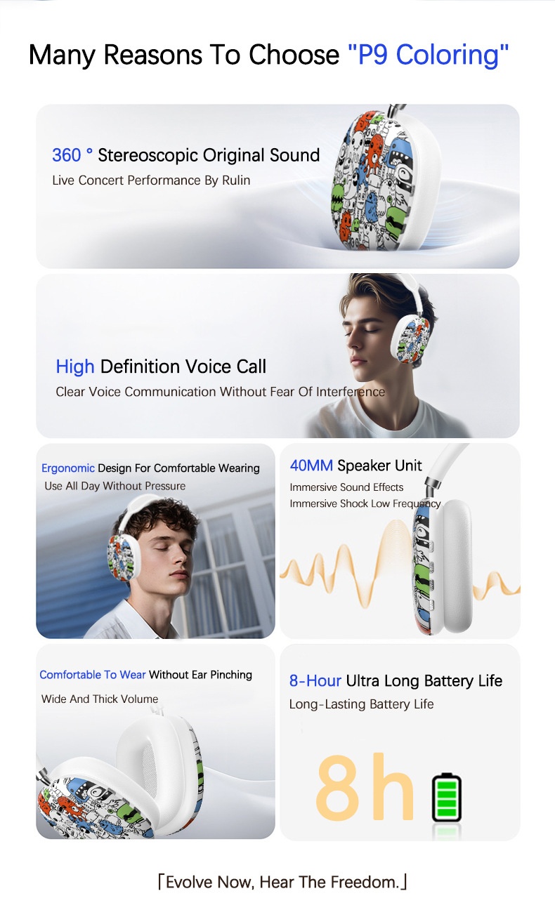 P9 Graffiti Wireless Over-Ear Headphones, Bluetooth 5.4, 40mm Drivers, 8H Playtime