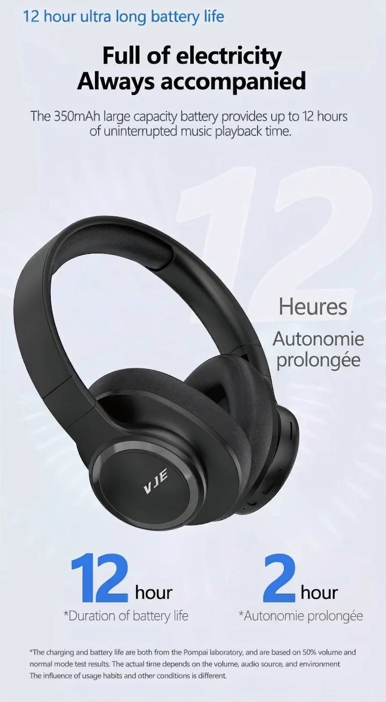 Casque audio sans fil HiFi VJE905, Bluetooth 5.3, haut-parleurs de 40 mm, autonomie de 12 h