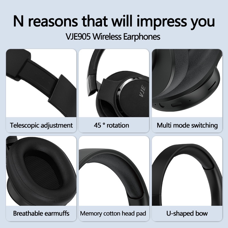 VJE905 HiFi Wireless Over-Ear Headphones, Bluetooth 5.3, 40mm Drivers, 12H Playtime