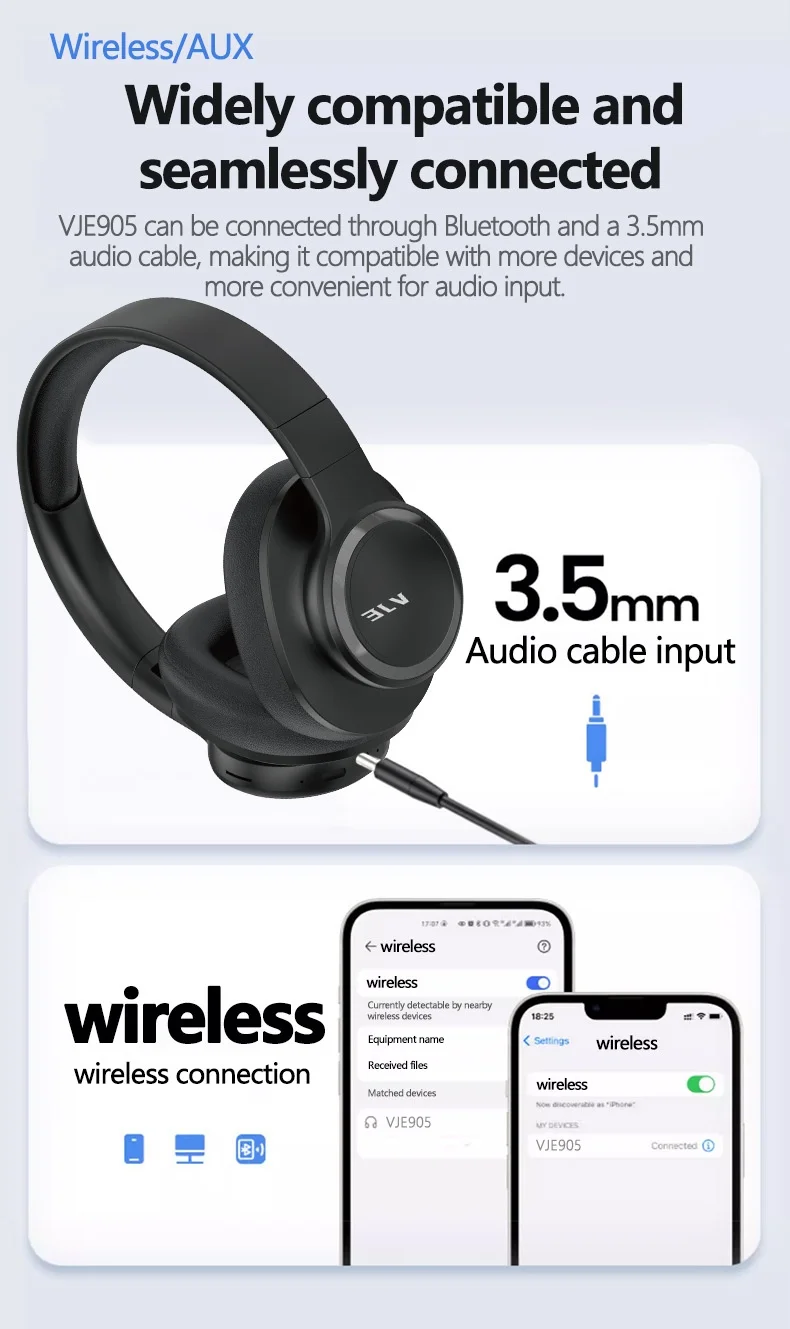 Casque audio sans fil HiFi VJE905, Bluetooth 5.3, haut-parleurs de 40 mm, autonomie de 12 h