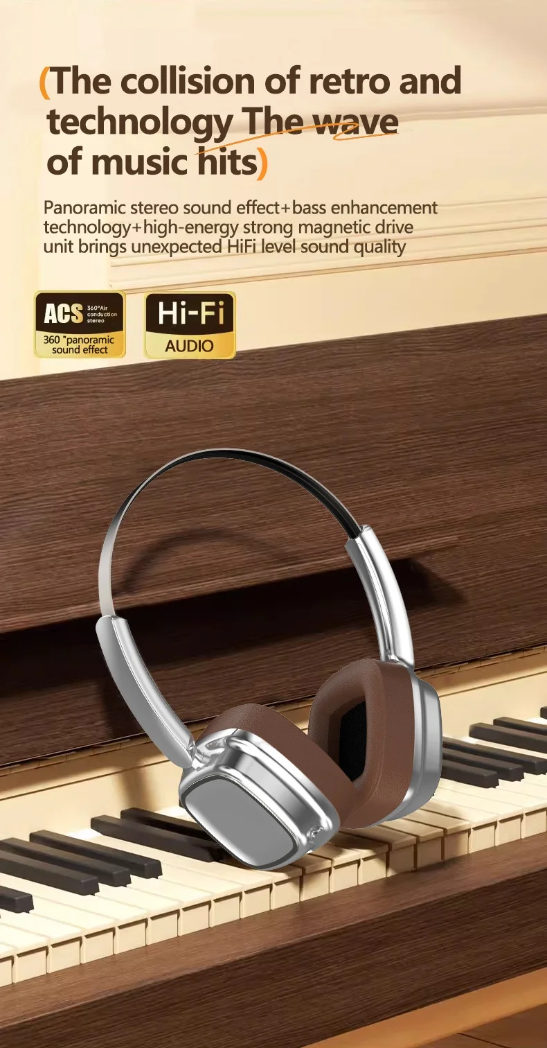 Casque sans fil rétro VJE11, Bluetooth 5.3, haut-parleurs de 40 mm, autonomie de 10 h