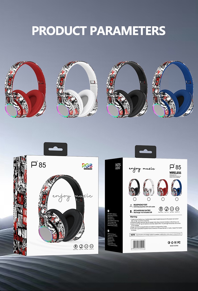 P85 RGB Graffiti Wireless Over-Ear Headphones, Bluetooth 5.3, 40mm Drivers, 6H Playtime