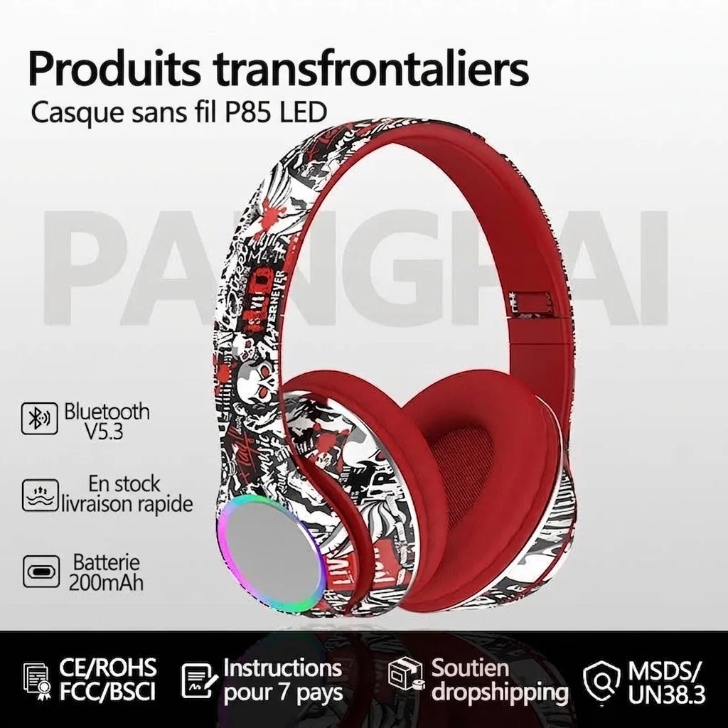 Casque sans fil supra-auriculaire P85 RGB Graffiti, Bluetooth 5.3, haut-parleurs de 40 mm, 6 h d'autonomie