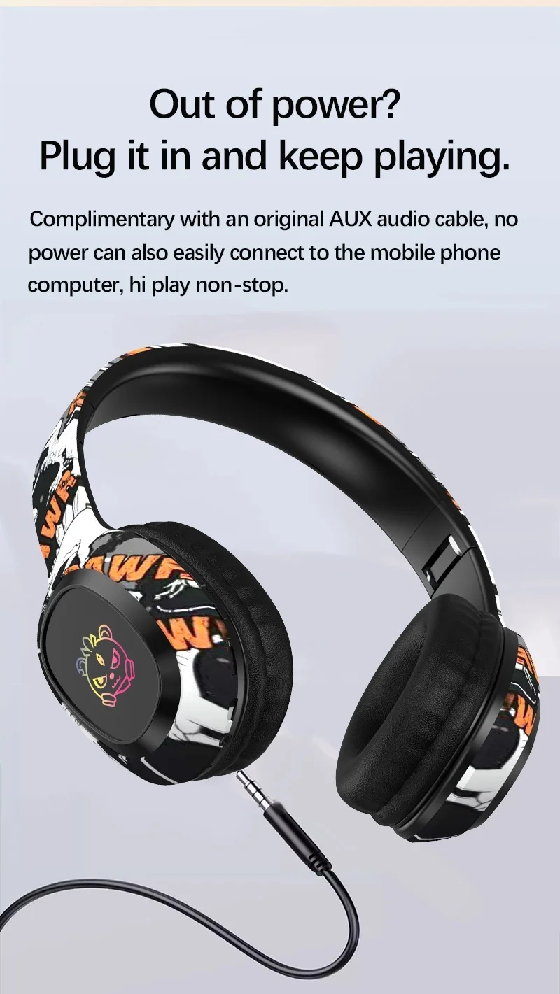 Casque sans fil supra-auriculaire P95 RGB Graffiti, Bluetooth 5.3, haut-parleurs de 40 mm, 8 h d'autonomie